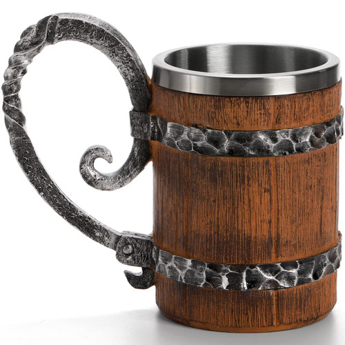 Yopay Wooden Barrel Beer Mug, Double Wall Stainless Steel Vintage Beer Cup, Handmade Medieval Cocktail Wooden Stein Drinkware with Handle, Antique Bucket Mug for Men Coffee Beverage Juice, 19OZ