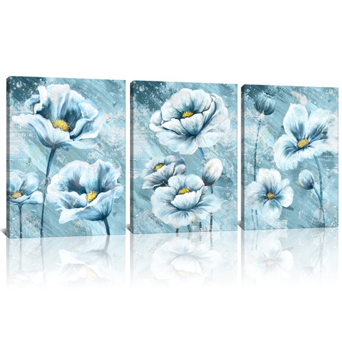 Saypeacher 3 Pieces Blue Flower Canvas Art Poppy Pictures for Kitchen Bedroom Bathroom Decor Framed Ready to Hang 12"x16"x3pcs Saypeacher 3 Pieces Blue Flower Canvas Art Poppy Pictures for Kitchen Bedroom Bathroom Decor Framed Ready to Hang 12"x16"x3pcs