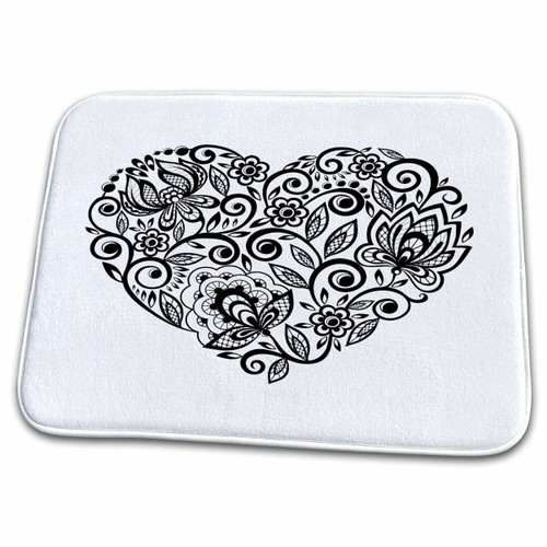 3dRose 3dRose - Rosette - Heart - Black Lace Heart Design - Dish Drying Mats (ddm-360517-1)