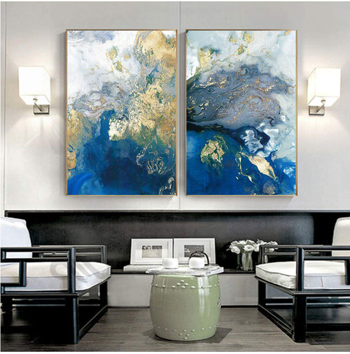 Blue Golden Modern Abstract Ocean Wall Nordic Canvas Print Painting Contemporary Art Decoration 50x70cm2pcs Frameless