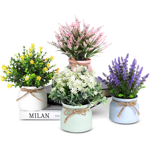 WOODWORD Fake Potted Plants - 4pcs Artificial Plants & Flowers in Macaron Pot Small Faux Plants Indoor Fake Plant Decor, Desk Plant for Home Bathroom Kitchen Shelf Office Decor WOODWORD Fake Potted Plants - 4pcs Artificial Plants & Flowers in Macaron Pot Small Faux Plants Indoor Fake Plant Decor, Desk Plant for Home Bathroom Kitchen Shelf Office Decor