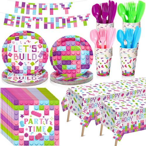 Gejoy 171 Pcs Pink Building Blocks Birthday Party Supplies Tableware Kit Include Plates Cups Knives Forks Spoons Napkins Tablecloths and Banner for Girls Birthday Party Decorations Serve 24 Guests