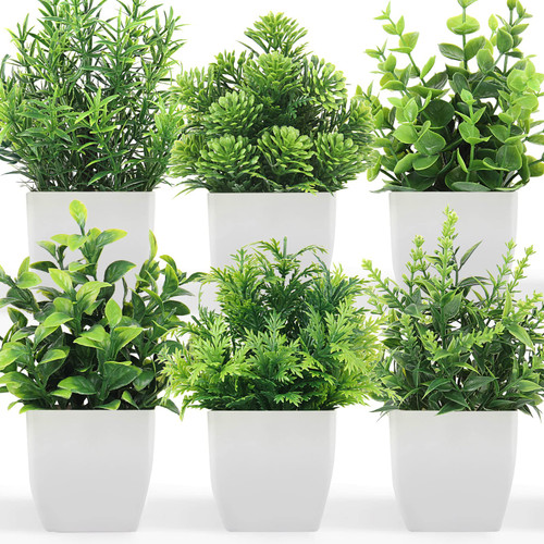 LELEE Mini Artificial Plants Fake Potted Plants, 6 pcs Small Eucalyptus Potted Faux Decorative Grass Plant with Black Pot for Home Decor, Indoor, Office, Desk, Table Decoration