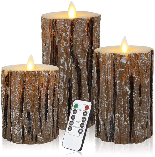 Pine Bark Effect Flameless Candles, Pillar Birch Effect Battery Operated Real Wax Flickering Electric LED Pillar Flameless Candles with Remote Control and Cycling 24 Hours Timer, Pack of 3 (4" 5" 6") Pine Bark Effect Flameless Candles, Pillar Birch Effect Battery Operated Real Wax Flickering Electric LED Pillar Flameless Candles with Remote Control and Cycling 24 Hours Timer, Pack of 3 (4" 5" 6")