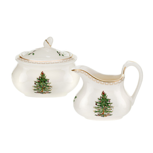 Spode Christmas Tree Gold Sugar Bowl & Creamer Set for Home and Kitchen | 16 Oz Sugar Bowl with Lid 8 Oz Creamer | Made from Fine Earthenware| Ideal for Storing Coffee, Sugar and Tea