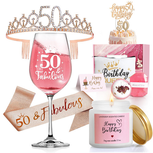 50th Birthday Gifts for Women, Happy 50th 50 Birthday Gifts Basket, 50 and Fabulous Gifts, 50th Birthday Gifts Ideas for Friends Female Sister Mom Wife Coworker with 50 & Fabulous Wine Glass