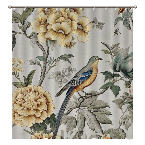 Yellow Grey Chinoiserie Floral and Bird Shower Curtains 72x80 Inch Polyester Fabric Bathroom Shower Curtains with Hooks Durable Waterproof Shower Curtains for Bathroom Bathtub Home Decoration