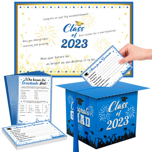2023 Graduation Decorations, Blue Graduation Card Box Matching Tassel with 60 Graduation Advice Cards Who Knows Game Cards and 1 PCS Guest Signature Board for Congrats Grad Class of 2023 Party Favors 2023 Graduation Decorations, Blue Graduation Card Box Matching Tassel with 60 Graduation Advice Cards Who Knows Game Cards and 1 PCS Guest Signature Board for Congrats Grad Class of 2023 Party Favors