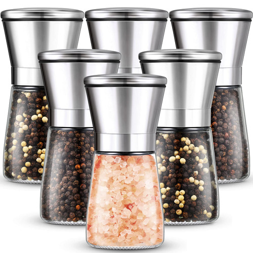 Set of 6 Salt and Pepper Grinder Stainless Steel Sea Salt Grinder Ceramic Salt and Pepper Shaker with Adjustable Coarseness Refillable Pepper Grinder Mill Glass Pepper Mill 6.3 oz Salt Mill Spice Mill