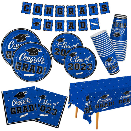 Graduation Party Supplies Gatherfun 2023 Graduation Party Dinnerware Set Blue Disposable Paper Plates Napkins Cups Tablecloth Banner for Congrats Grad Party Decorations, Serve 25