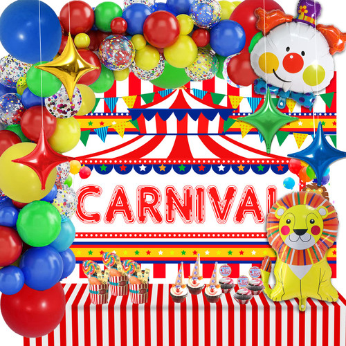 126 Pcs Carnival Party Decorations,Carnival Circus Theme Party Decorations,Carnival Circus Balloon Garland Arch Kit Including Backdrop Foil Balloons Tablecloth for Carnival Party Supplies