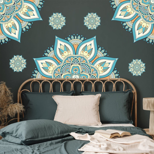 Kazova Mandala Wall Decal Mandala Wall Stickers Lotus Mandala Decals for Walls Flower Wall Sticker Removable Peel and Stick Wall Decals for Bedroom Living Room Yoga Studio Decor(Blue a)