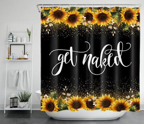 LB Funny Get Naked Sunflower Shower Curtain for Bathroom, Rustic Farmhouse Flowers Yellow Floral Sunflower Funny Quotes Get Naked Fabric Bathroom Decor Set with Shower Curtain Hooks, 72x72 Inch