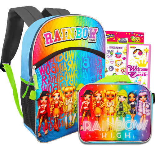 Rainbow Studios High School Backpack and Lunch Set - Bundle with Rainbow High 16 Inch Backpack and Lunch Bag Plus Shopkins Stickers and More (Girls School Supplies)