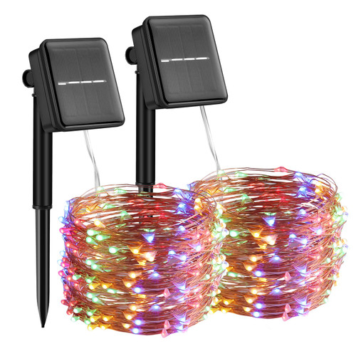 Solar String Lights Outdoor Decorative, 2 Packs 33Ft 100 Led Copper Wire Waterproof Outdoor Fairy String Lights Solar Powered with 8 Mode for Garden, Outdoor, Patio, Yard, Tree, Wedding(Multi)