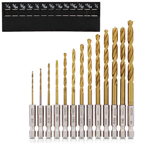 ABN Hex Shank Drill Bit Set - 13pc 1/4in Hex Shank High Speed Steel with Titanium Coating Twist Drill Bit Set for Sheet Metal, Wood, Plastic ABN Hex Shank Drill Bit Set - 13pc 1/4in Hex Shank High Speed Steel with Titanium Coating Twist Drill Bit Set for Sheet Metal, Wood, Plastic