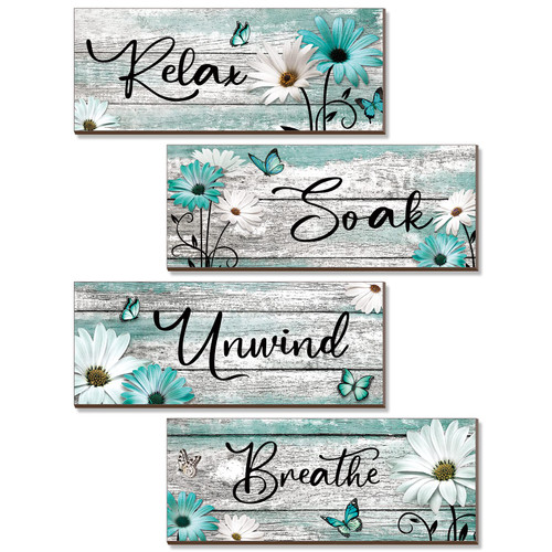 Sunnyray 4 Pcs Farmhouse Bathroom Wall Decor Sign Daisy Floral Flowers and Butterfly Bathroom Wall Art Relax Soak Unwind Breathe Rustic Wood Plaque for Home Spa Laundry (Turquoise,10 x 4 Inch)