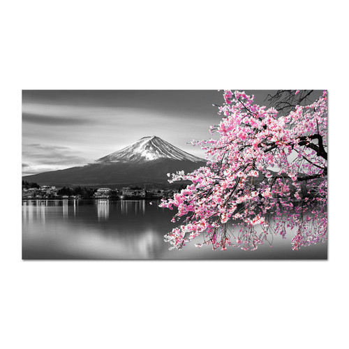 YeiLnm Mount Fuji Wall Art Japanese Mountain over Lake Photo Painting Pink Cherry Blossom Landscape Nature Pictures Canvas Print Black White Artwork for Home Office Living Room Decor Framed