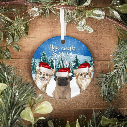 Here Comes Santa Christmas Ornaments Merry Christmas 2022 Ceramic Ornament Dog with Santa Hat Xmas Tree Ornaments Pet with Santa Hat 3" Ornament for Family Friend Holiday Home Decor Gift