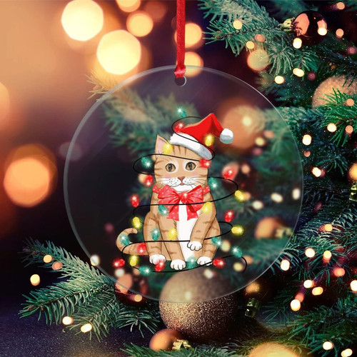 Clear Acrylic Christmas Ornament Cat Loves Decoration Personalized Christmas Ornaments Cat with Christmas String Lights Colorful Personalized Christmas Ornament Gifts Keepsake for Family