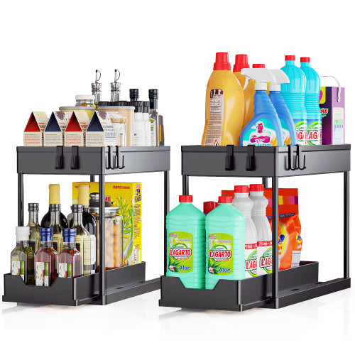 Under Sink Organizers and Storage - Adjustable Height Sliding 2-Tier Pull Out Drawer Rack Multi-Purpose Under Sink Shelf Organizer for Kitchen Bathroom Under Counter Cabinet Storage (Dark Black-2pcs)