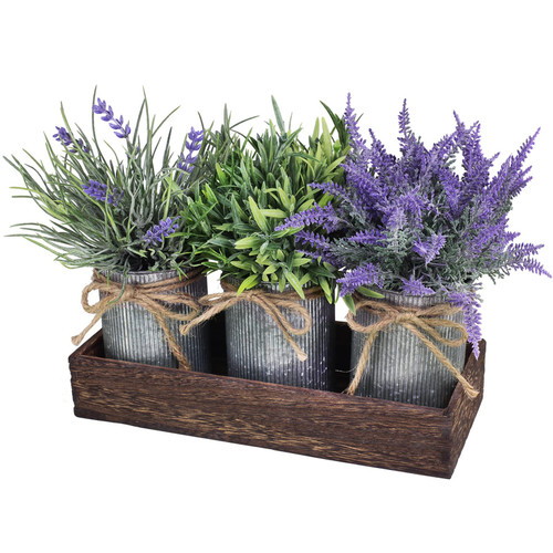 Set of 3 Small Potted Plants Arrangement Artificial Lavender and Grass Plants in Rustic Galvanized Metal Pots with Decorative Wood Tray for Farmhouse Table Centerpiece Windowsill Indoor Greenery Decor Set of 3 Small Potted Plants Arrangement Artificial Lavender and Grass Plants in Rustic Galvanized Metal Pots with Decorative Wood Tray for Farmhouse Table Centerpiece Windowsill Indoor Greenery Decor