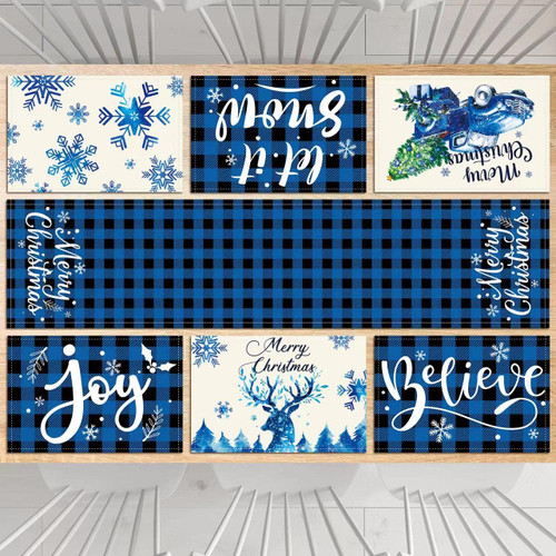 7Pack Christmas Buffalo Plaid Table Runners Placemats, Blue Black Buffalo Check Snowflake Table Runner for Winter Dinner Table Decor Holiday Table Mat Set for Merry Christmas New Year Decorations