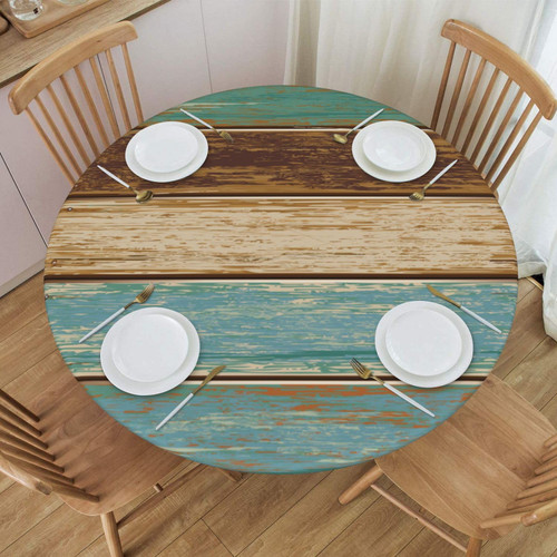 FATTTYCY Round Table Cloth Turquoise Wood Grain Tablecloth Elastic Edge Fitted Table Cover Fits Tables Up to 45"-50" Diameter