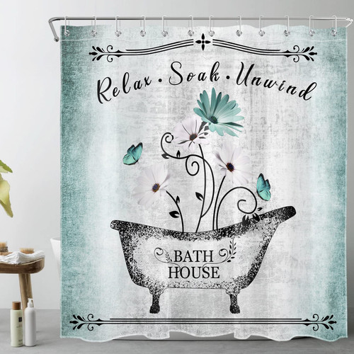 LB Spring Floral Shower Curtain for Bathroom,Teal and White Daisy with Butterfly in Grey Bathtub Fabric Shower Curtain with Hooks,Farmhouse Vintage Bathroom Curtains Shower Set, 72x72 inches