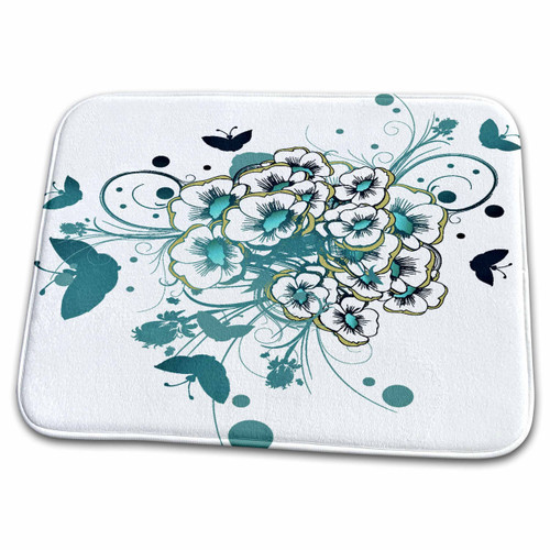 3dRose A Bunch Of Turquoise and White Flowers With Butterflies... - Dish Drying Mats (ddm-217915-1)