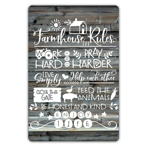 Funny Farmhouse Rules Metal Tin Sign Wall Decor Rustic Camping Signs with Sayings for Home Decor Gifts (Wooden Style)