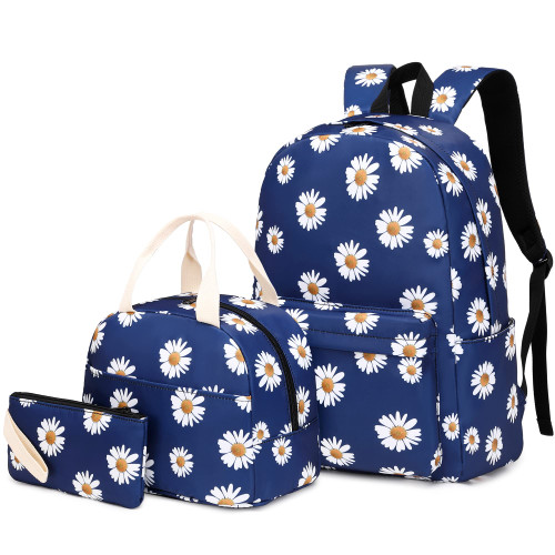 Yusudan Daisy Girls School Backpack, 3 in 1 Set Kids Teens School Bag Bookbag with Lunch Bag Pencil Case (Blue)