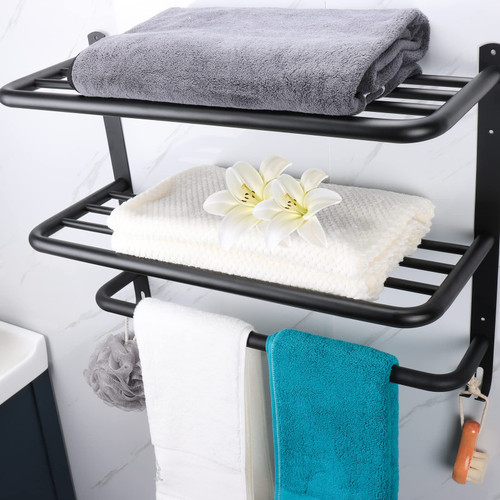 Winmien 3-Tier Bathroom Towel Shelf with Tower Bars, Stainless Steel Towel Racks for Bathroom Wall Mounted (Black?16 inch)