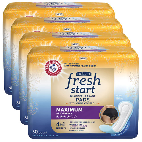 FitRight Fresh Start Urinary and Postpartum Incontinence Pads for Women, Ultimate Absorbency, with The Odor-Control Power of ARM & Hammer Baking Soda (120 Count, 4 Packs of 30)