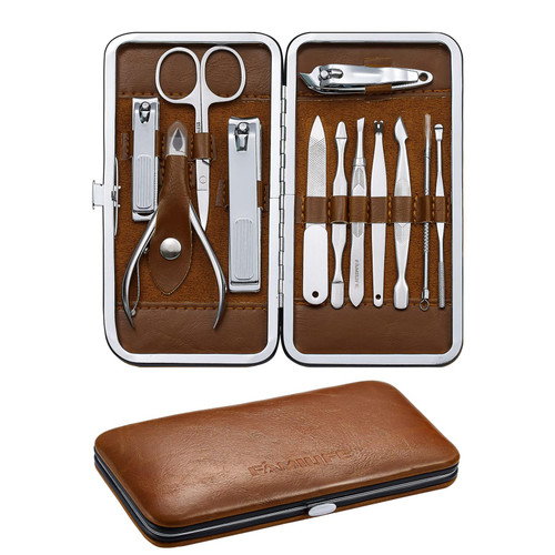 FAMILIFE Manicure Set, Professional Nail Kit Manicure Kit Nail Clipper Set, 12PCS Stainless Steel Nail Care Kit Manicure Tools, Nail Set with Brown Leather Travel Case Luxury Gifts for Him