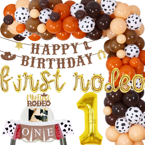 First Rodeo Birthday Party Decorations, My First Rodeo Cake Topper & Highchair Banner - Brown Balloon Garland Arch Kit - Cowgirl Happy Birthday Banner for Western Theme First Birthday Supplies