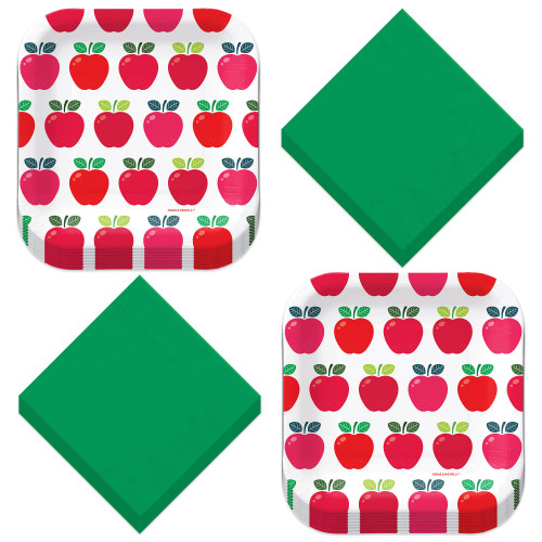 HOME & HOOPLA Apple Party Supplies - Red Apple Variety Square Paper Dessert Plates and Solid Leaf-Green Beverage Napkins (Serves 16)