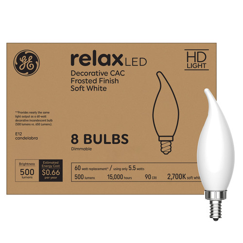 GE Lighting Relax LED Light Bulbs, 60 Watt Eqv, Soft White, Decorative Bulbs, Small Base, Frosted (8 Pack)
