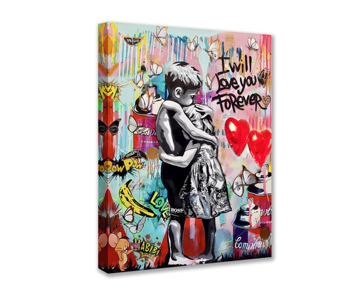 Banksy Graffiti Pictures for Living Room Little Boy and Girl Street Paintings 1 Pieces Canvas Colorful Pop Wall Art Modern Artwork Home Decor Giclee Framed Stretched Ready to Hang 12x16inch