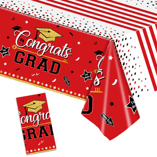 HOUSE OF PARTY Graduation Tablecloth - 1 Pack Red Graduation Table Cloths | Congrats Grad Tablecloth Graduation Table Cover for Class of 2023 Graduation Table Decorations, 54"x108"