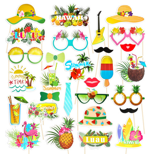 PHOGARY Luau Party Decorations 29Pcs Luau Photo Booth Props Kit, Hawaiian Photo Booth Props Tropical Photo Props Hawaiian Luau Party Supplies for Summer Hawaiian Luau Pool Beach Birthday Wedding Party
