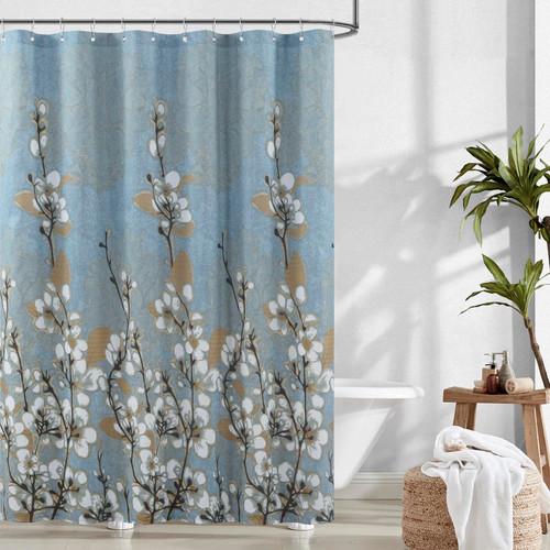 BESTRIPES Fabric Floral Shower Curtain, Blue Brown Plant Flower Shower Curtains for Bathroom, Decorative Waterproof Bathroom Curtains, 62" W x 72" H