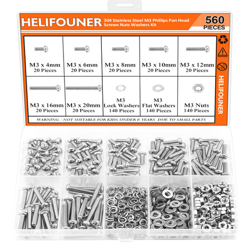 HELIFOUNER 560 Pieces M3 x 4mm /6mm /8mm /10mm /12mm /16mm /20mm, Phillips Pan Head Machine Screws, Metric Screws Bolts Washers Nuts Kit, 304 Stainless Steel