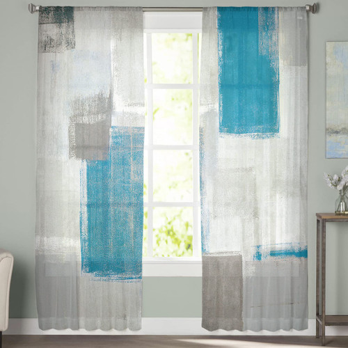 Trendier Blue Semi Sheer Curtains 72 inch Length,Rod Pocket Drapes Bedroom Sheer Voile Curtains, Abstract Art Graffiti Grey Window Treatments Curtains for Living Room Patio Door,2 Panels