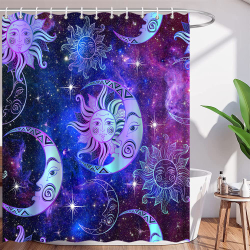 Sun and Moon Shower Curtain Purple Blue Burning Sun Moon Stars Boho Mandala Celestial Fantasy Universe Starry Sky Galaxy Medallion Mystic Art Polyester Curtains Bathroom Decor with Hooks 70wX70h Inch