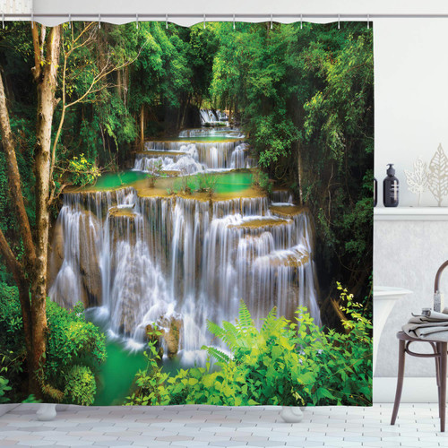 Ambesonne Waterfall Shower Curtain, View of Waterfall in Kanjanaburi Stream Crossing Forest, Cloth Fabric Bathroom Decor Set with Hooks, 69" W x 75" L, Green Pale Coffee White