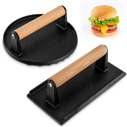 TOVERKAU Burger Press Round & Rectangle Hamburger Patty Maker Heavy-Duty Cast Iron Grill Press of Griddle Bacon Meat Steak Smasher Weight Press with Wood Handle (Round & Rectangle)