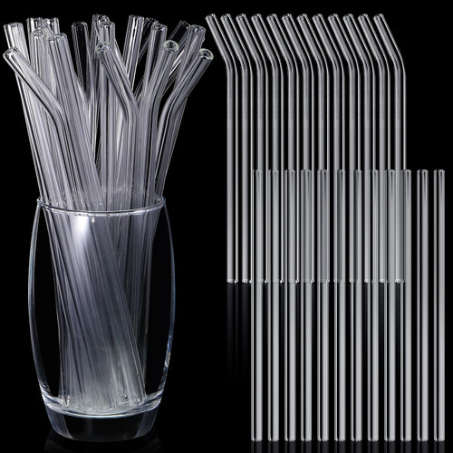 Weysat 100 Pcs Reusable Glass Straws Bulk Glass Drinking Straws Smoothie Straw for Milkshakes Tea Juice Cocktail, Straight and Bent (Clear, 8 mm x 9 Inch)