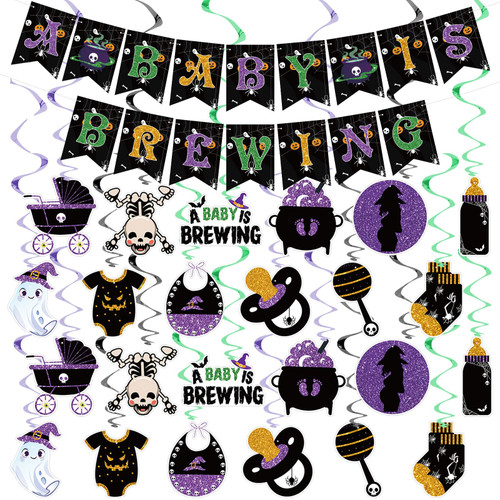 25 PCS Halloween Baby Shower Party Decorations A Baby is Brewing Banner and Hanging Swirls Halloween Glitter Baby Shower Banner Ceiling Spiral Streamers for Baby Shower Gender Reveal Party Supplies 25 PCS Halloween Baby Shower Party Decorations A Baby is Brewing Banner and Hanging Swirls Halloween Glitter Baby Shower Banner Ceiling Spiral Streamers for Baby Shower Gender Reveal Party Supplies