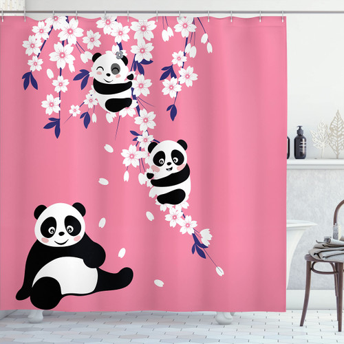 Ambesonne Panda Shower Curtain, Animal Bears in Cherry Bloom Branches Mom Under The Tree Cartoon, Cloth Fabric Bathroom Decor Set with Hooks, 69" W x 70" L, Pale Pink